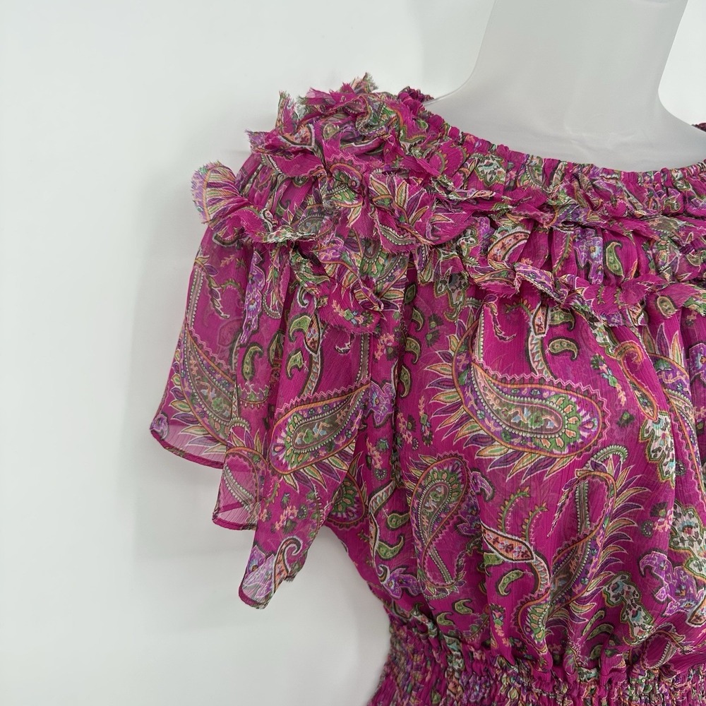 MISA Los Angeles Sz XS Fuschia Paisley Chiffon Mini Dress Smocked Waist Ruffle - Picture 6 of 9
